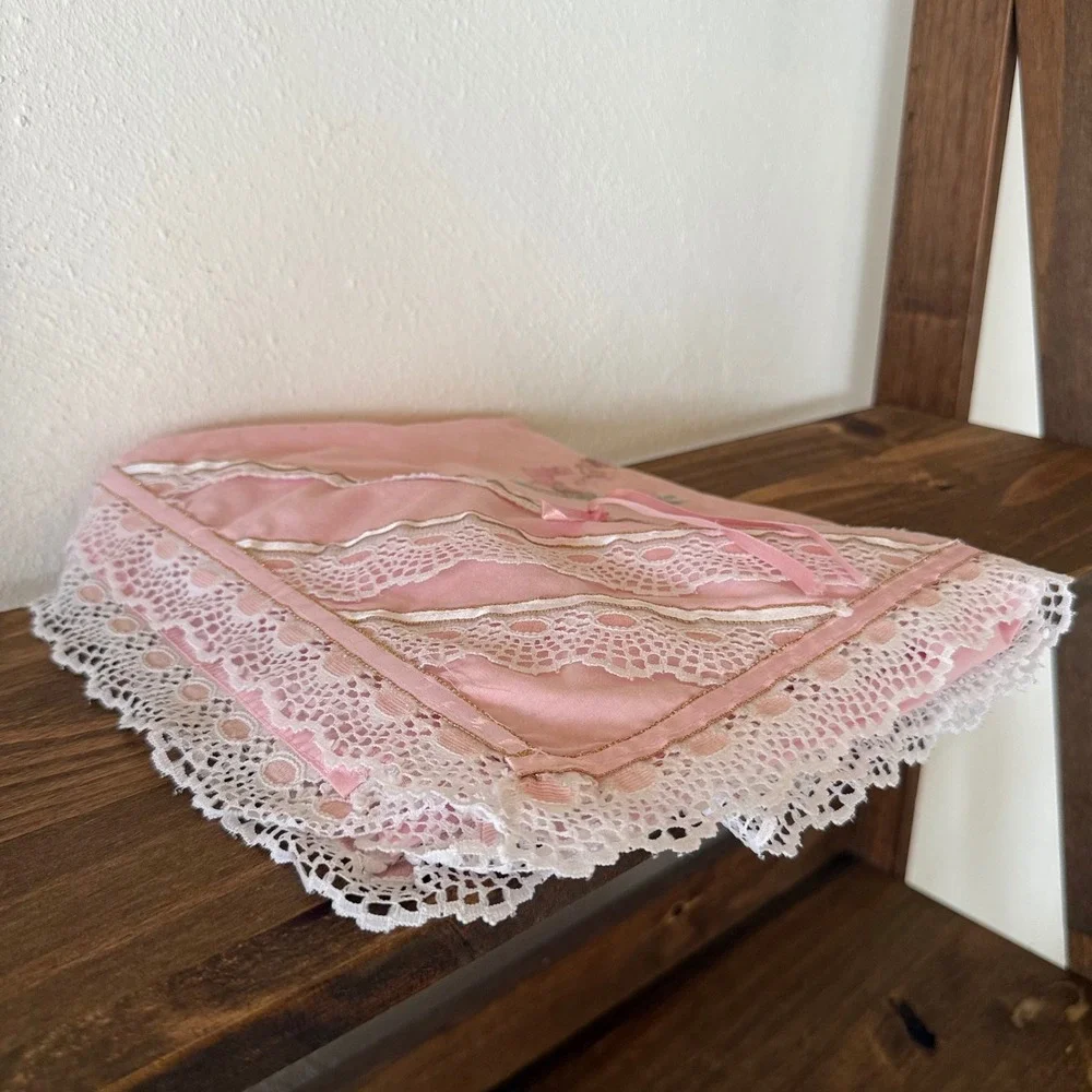 Vintage Pink Baby Blanket Lace Trim Girl Floral Bow 40x33